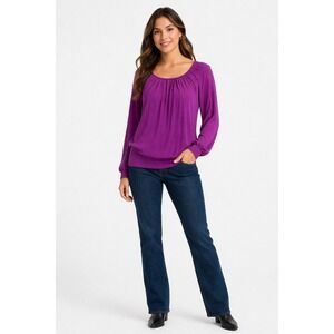 Ann Taylor LOFT Purple Pleated Blouson Sweater Back Tie Scoop Neck Womens Size M